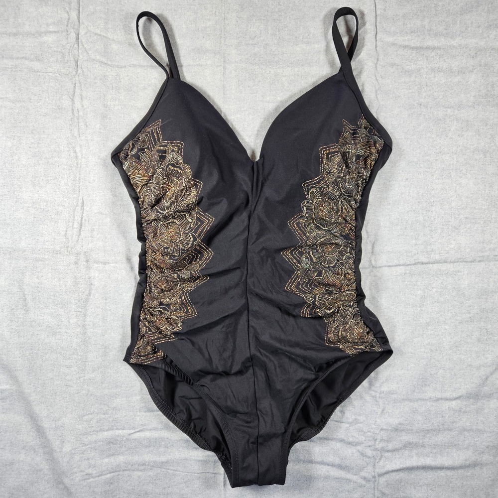 Miraclesuit Temptation Black Gold Floral One Piece‎ Swimsuit 12 Strappy Back